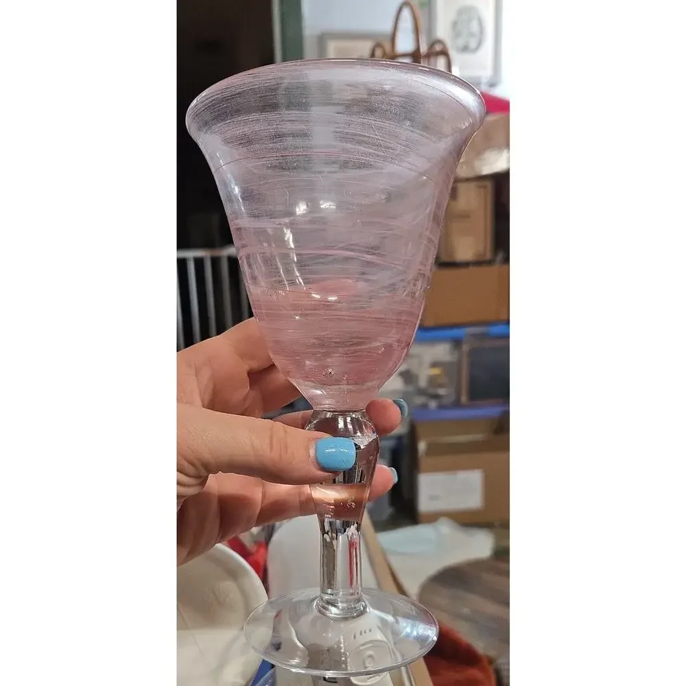 (2) Artland Iris PINK Swirled Hand Blown Water/Wine Goblets Glasses 8” Tall